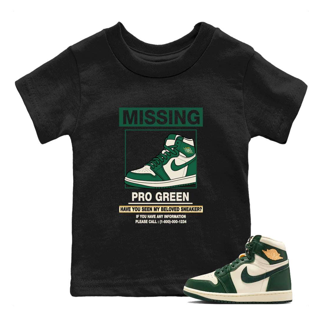 Sneaker Threads – Sneaker Tees To Match Air Jordan 1 Pro Green – Missing Sneaker Youth Graphic Tee Black 1. Perfect for Jordan releases 2025 colorways.