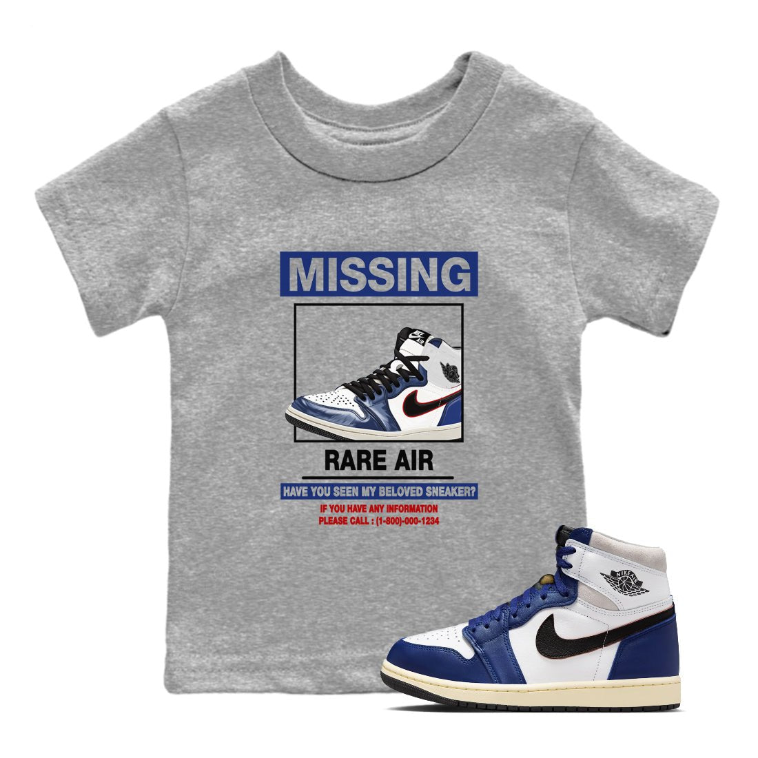 1s Rare Air shirts to match jordans Missing Sneaker sneaker match tees Air Jordan 1 High OG Rare Air Deep Royal Blue match shoes to clothes SNRT Sneaker Tees Youth Baby Heather Grey 1 tee