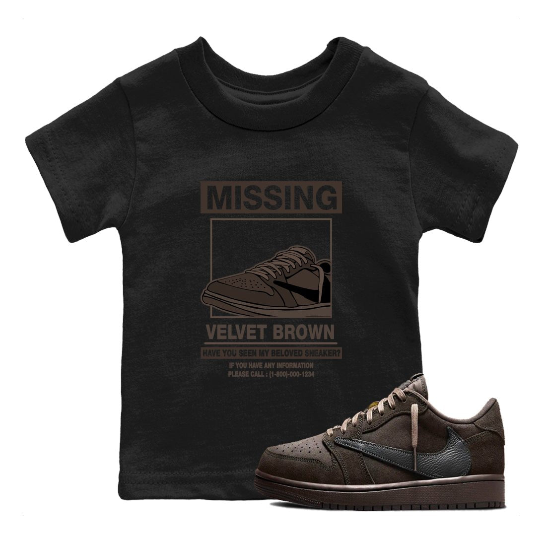 AJ1 Travis Scott Velvet Brown and Dark Mocha shirts to match jordans Missing Sneaker sneaker match tees 1s Travis Scott Velvet Brown match shoes to clothes SNRT Sneaker Tees Youth Baby Black 1 tee