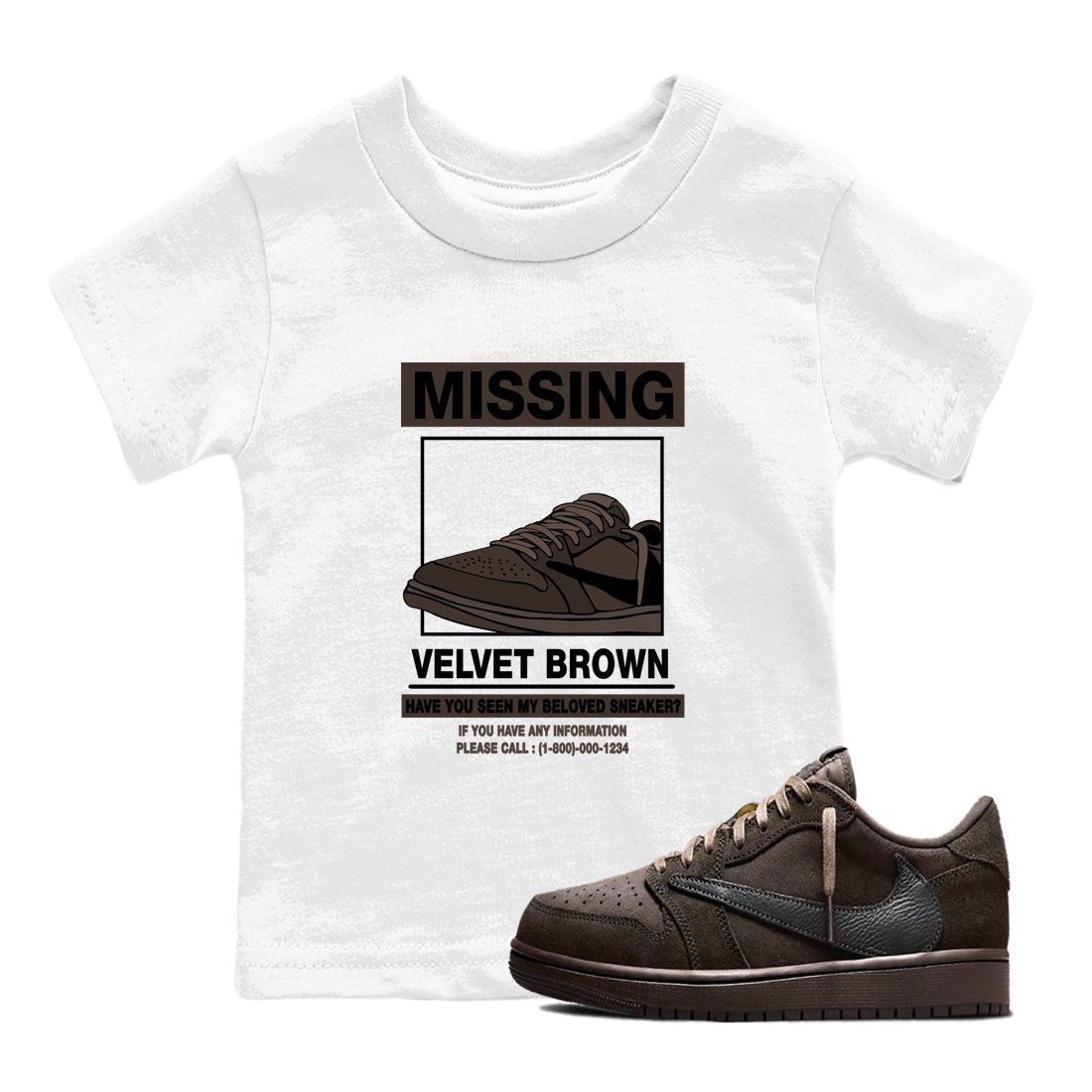 AJ1 Travis Scott Velvet Brown and Dark Mocha shirts to match jordans Missing Sneaker sneaker match tees 1s Travis Scott Velvet Brown match shoes to clothes SNRT Sneaker Tees Youth Baby White 1 tee