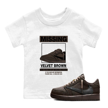 AJ1 Travis Scott Velvet Brown and Dark Mocha shirts to match jordans Missing Sneaker sneaker match tees 1s Travis Scott Velvet Brown match shoes to clothes SNRT Sneaker Tees Youth Baby White 1 tee