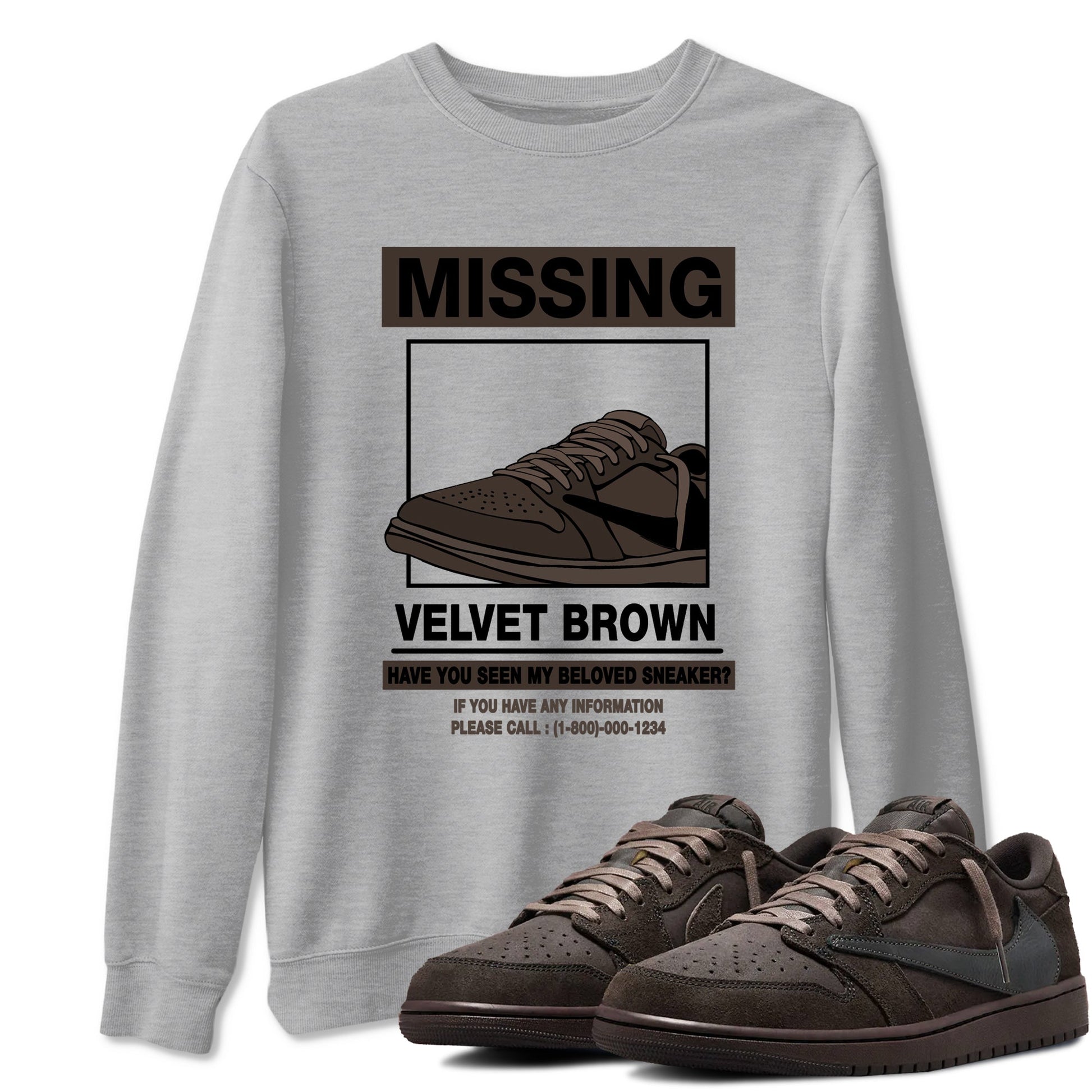 AJ1 Travis Scott Velvet Brown and Dark Mocha shirts to match jordans Missing Sneaker sneaker match tees 1s Travis Scott Velvet Brown match shoes to clothes SNRT Sneaker Tees unisex cotton Heather Grey 1 shirts