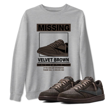 AJ1 Travis Scott Velvet Brown and Dark Mocha shirts to match jordans Missing Sneaker sneaker match tees 1s Travis Scott Velvet Brown match shoes to clothes SNRT Sneaker Tees unisex cotton Heather Grey 1 shirts