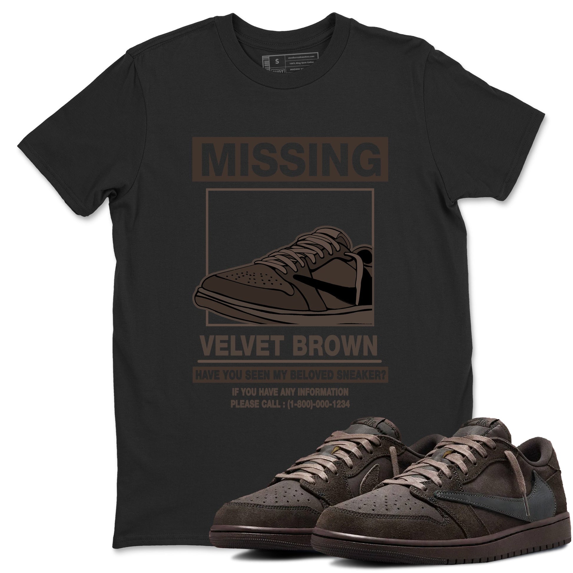 AJ1 Travis Scott Velvet Brown and Dark Mocha shirts to match jordans Missing Sneaker sneaker match tees 1s Travis Scott Velvet Brown match shoes to clothes SNRT Sneaker Tees unisex cotton Black 1 shirts