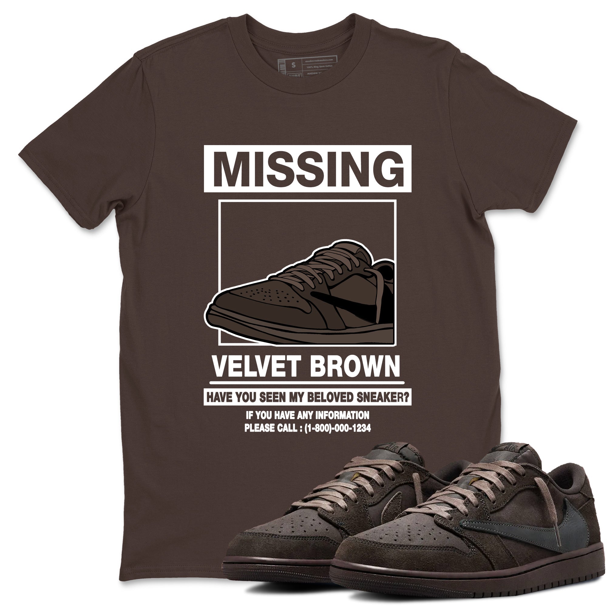 AJ1 Travis Scott Velvet Brown and Dark Mocha shirts to match jordans Missing Sneaker sneaker match tees 1s Travis Scott Velvet Brown match shoes to clothes SNRT Sneaker Tees unisex cotton Dark Chocolate 1 shirts
