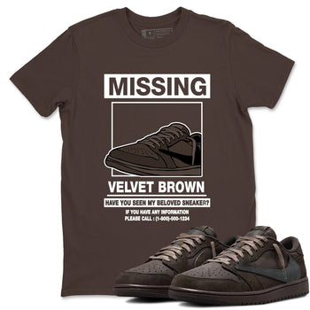 AJ1 Travis Scott Velvet Brown and Dark Mocha shirts to match jordans Missing Sneaker sneaker match tees 1s Travis Scott Velvet Brown match shoes to clothes SNRT Sneaker Tees unisex cotton Dark Chocolate 1 shirts