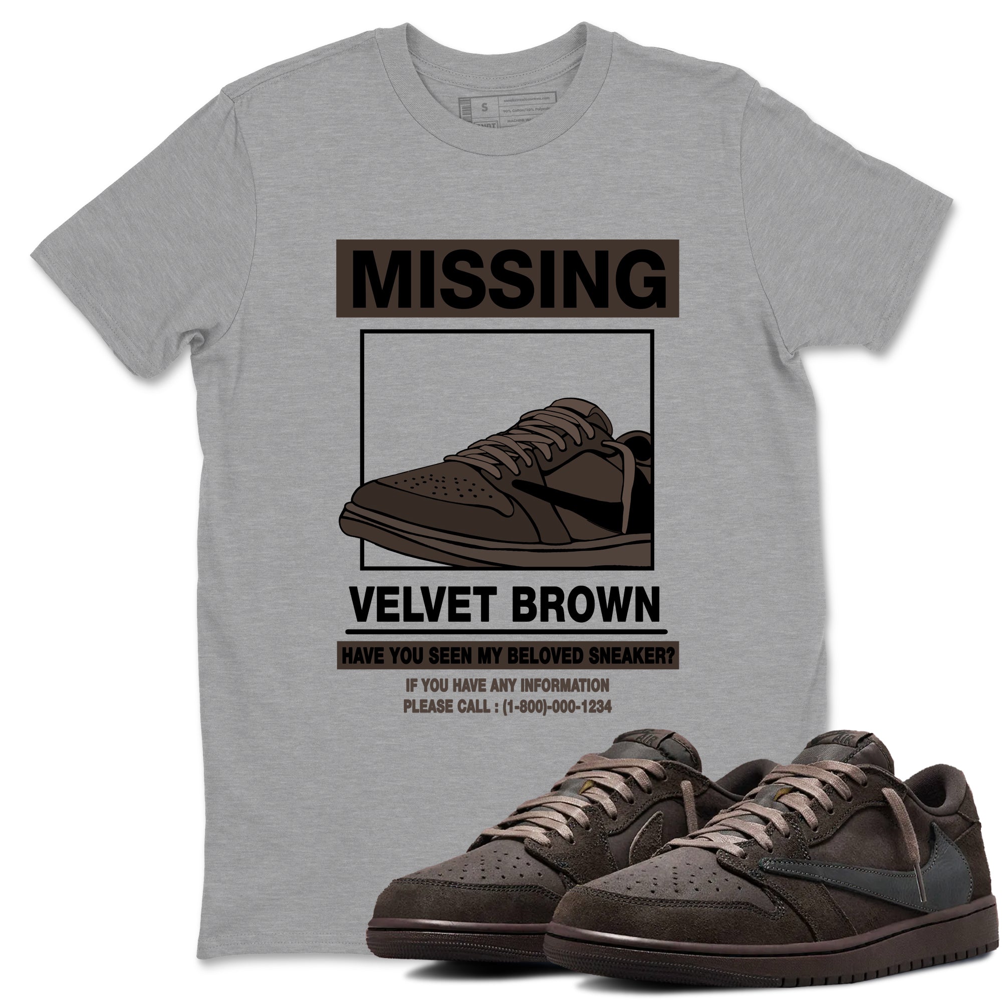 AJ1 Travis Scott Velvet Brown and Dark Mocha shirts to match jordans Missing Sneaker sneaker match tees 1s Travis Scott Velvet Brown match shoes to clothes SNRT Sneaker Tees unisex cotton Heather Grey 1 shirts