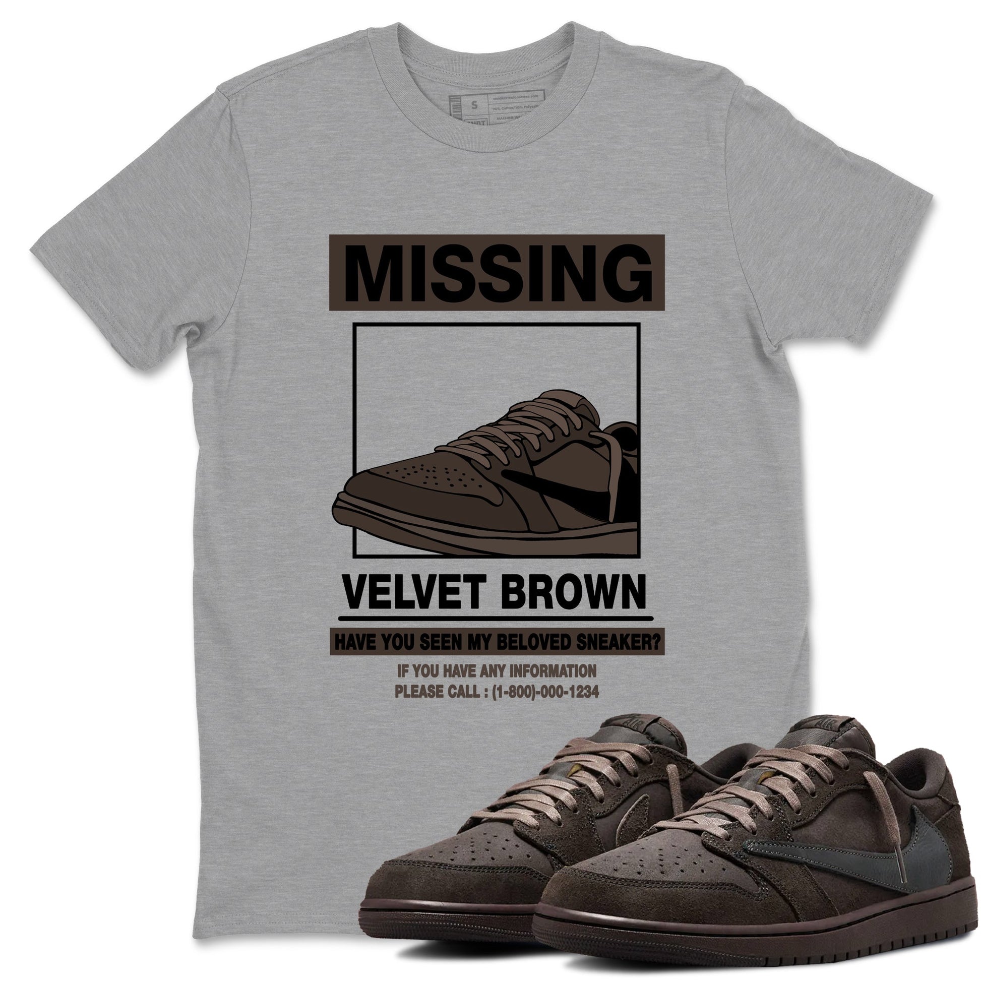 AJ1 Travis Scott Velvet Brown and Dark Mocha shirts to match jordans Missing Sneaker sneaker match tees 1s Travis Scott Velvet Brown match shoes to clothes SNRT Sneaker Tees unisex cotton Heather Grey 1 shirts