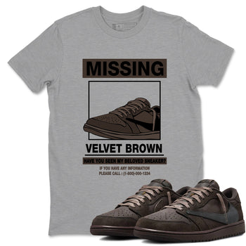 AJ1 Travis Scott Velvet Brown and Dark Mocha shirts to match jordans Missing Sneaker sneaker match tees 1s Travis Scott Velvet Brown match shoes to clothes SNRT Sneaker Tees unisex cotton Heather Grey 1 shirts