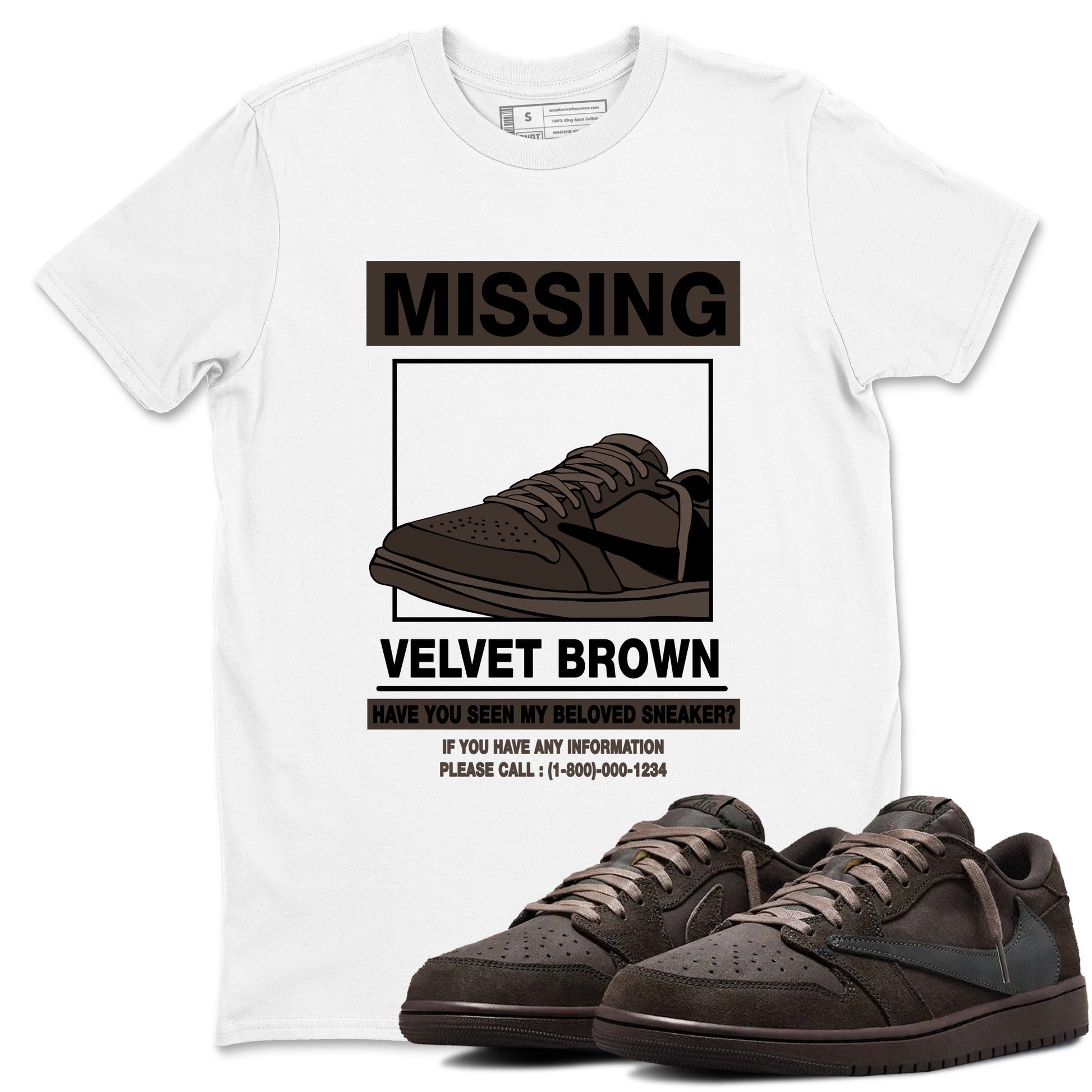 AJ1 Travis Scott Velvet Brown and Dark Mocha shirts to match jordans Missing Sneaker sneaker match tees 1s Travis Scott Velvet Brown match shoes to clothes SNRT Sneaker Tees unisex cotton White 1 shirts