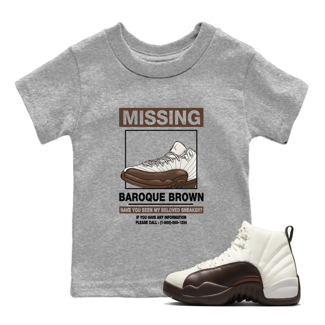 AJ12 Baroque Brown shirts to match jordans Missing Sneaker best t shirts to wear with jordans SoleFly x Jordan 12 Baroque Brown match shoes to clothes SNRT Sneaker Tees Youth Baby Heather Grey 1 tee