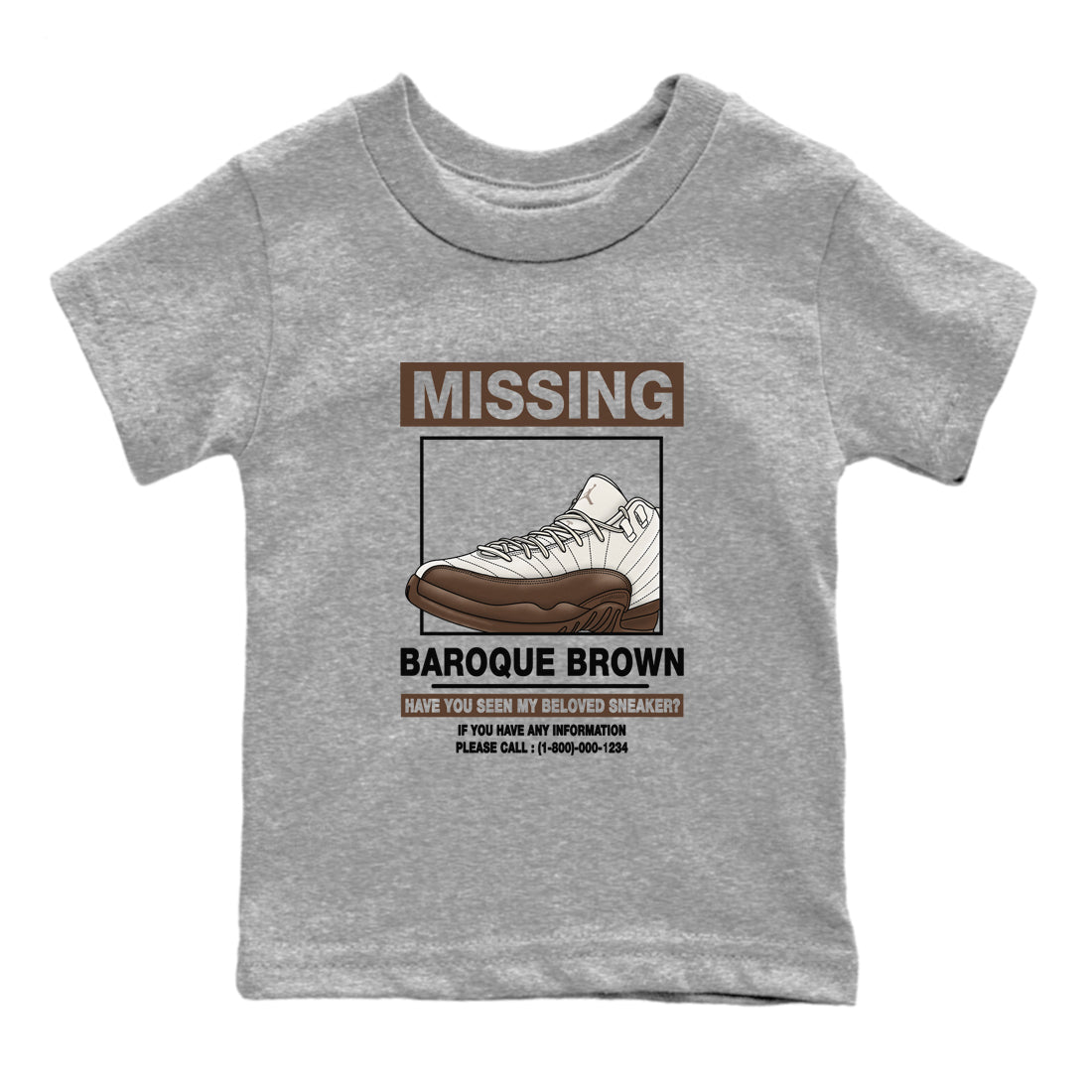 AJ12 Baroque Brown shirts to match jordans Missing Sneaker best t shirts to wear with jordans SoleFly x Jordan 12 Baroque Brown match shoes to clothes SNRT Sneaker Tees Youth Baby Heather Grey 2 tee