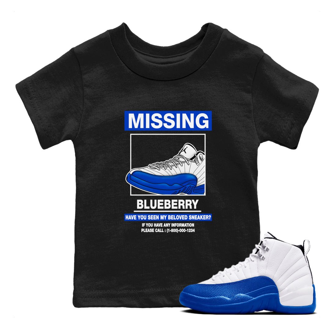 12s Blueberry shirts to match jordans Missing Sneaker best t shirts to wear with jordans AJ12 White and Game Royal match shoes to clothes SNRT Sneaker Tees Youth Baby Black 1 tee