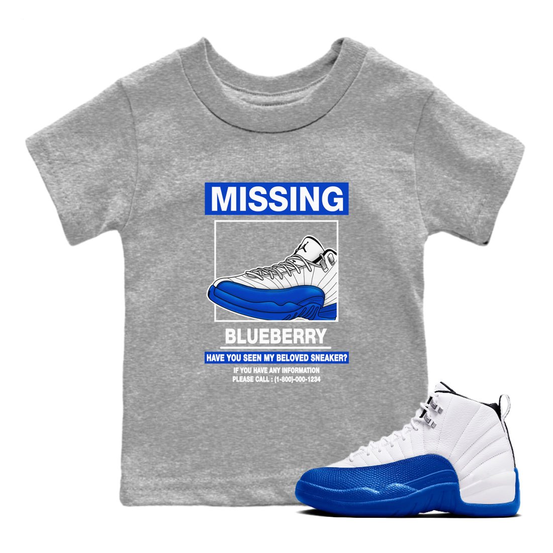 12s Blueberry shirts to match jordans Missing Sneaker best t shirts to wear with jordans AJ12 White and Game Royal match shoes to clothes SNRT Sneaker Tees Youth Baby Heather Grey 1 tee