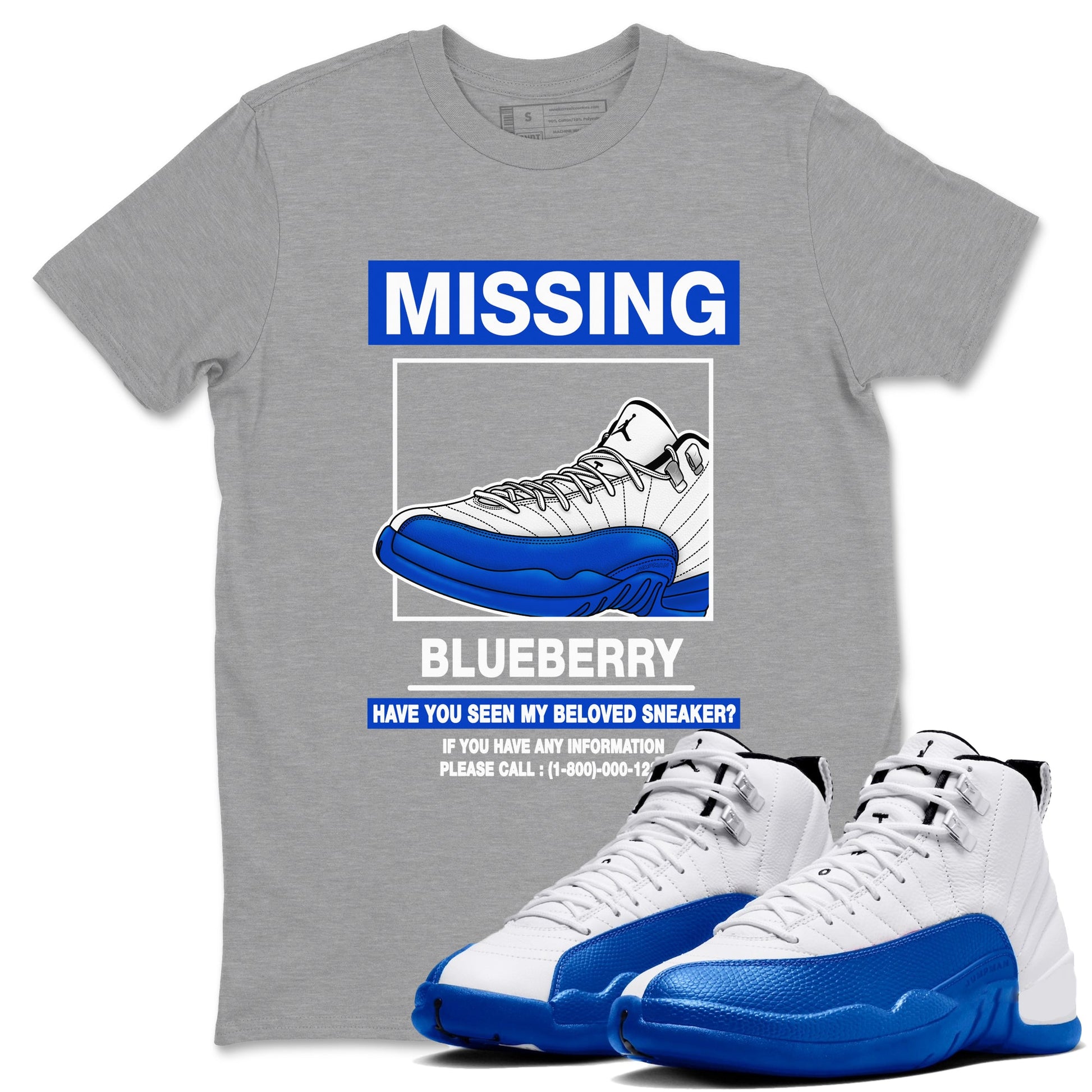 12s Blueberry shirts to match jordans Missing Sneaker best t shirts to wear with jordans AJ12 White and Game Royal match shoes to clothes SNRT Sneaker Tees unisex cotton Heather Grey 1 shirts