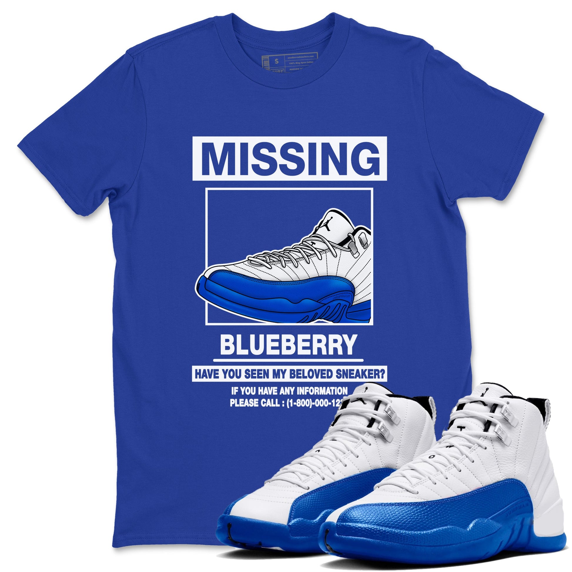 12s Blueberry shirts to match jordans Missing Sneaker best t shirts to wear with jordans AJ12 White and Game Royal match shoes to clothes SNRT Sneaker Tees unisex cotton Royal Blue 1 shirts