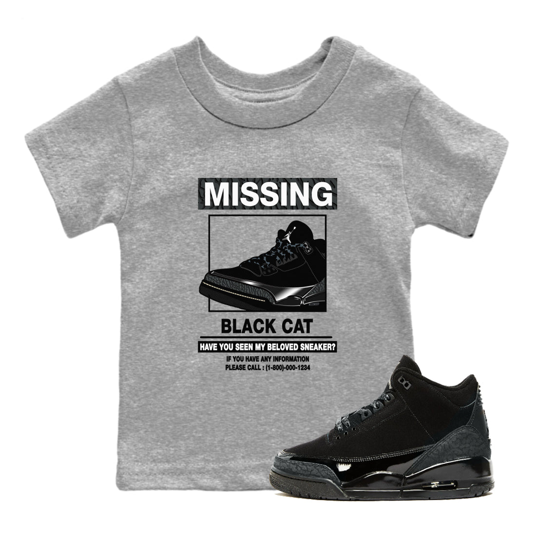 3s Black Cat shirts to match jordans Missing Sneaker sneaker match tees Air Jordan 3 Retro Black Cat match shoes to clothes SNRT Sneaker Tees Youth Baby Heather Grey 1 tee