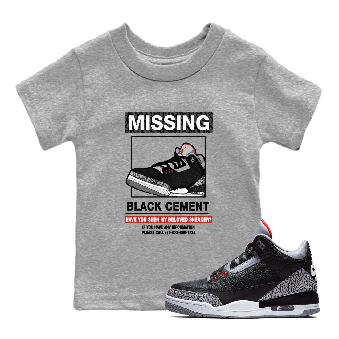 3s Black Cement shirts to match jordans Missing Sneaker sneaker match tees Air Jordan 3 Retro OG Black Cement match shoes to clothes SNRT Sneaker Tees Youth Baby Heather Grey 1 tee