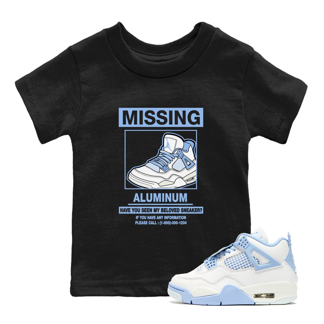 Missing Sneaker baby and kids t-shirt crafted for little sneakerheads to shine with the Air Jordan 4 Aluminum sneakers, displayed in Black 1.