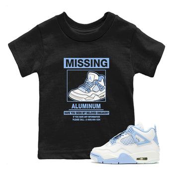 Missing Sneaker baby and kids t-shirt crafted for little sneakerheads to shine with the Air Jordan 4 Aluminum sneakers, displayed in Black 1.