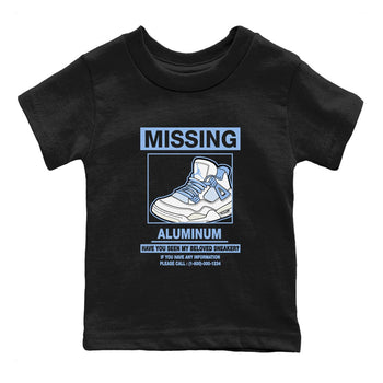 Missing Sneaker baby and kids t-shirt crafted for little sneakerheads to shine with the Air Jordan 4 Aluminum sneakers, displayed in Black 2.