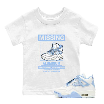 Missing Sneaker baby and kids t-shirt crafted for little sneakerheads to shine with the Air Jordan 4 Aluminum sneakers, displayed in White 1.