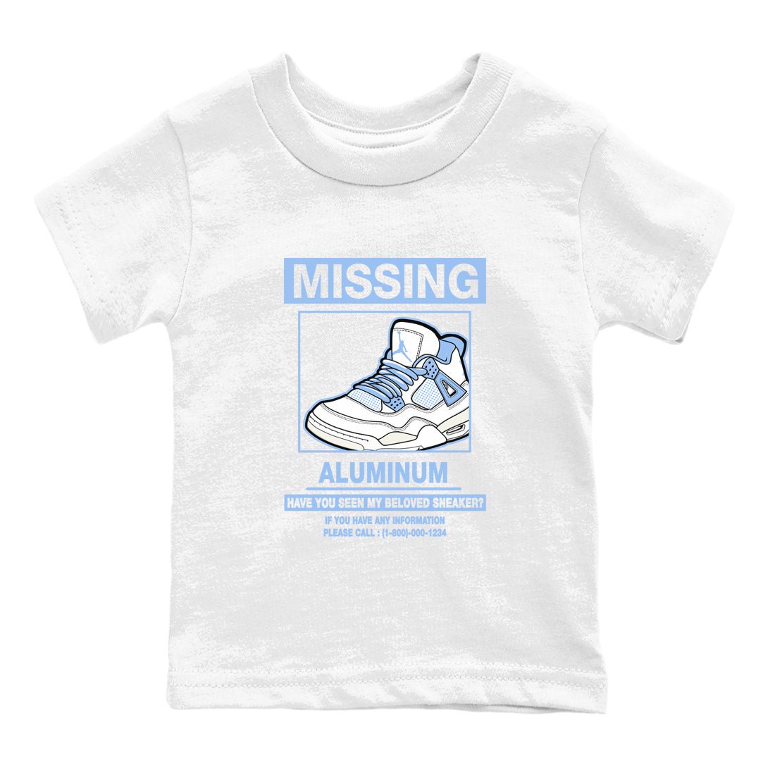 Missing Sneaker baby and kids t-shirt crafted for little sneakerheads to shine with the Air Jordan 4 Aluminum sneakers, displayed in White 2.