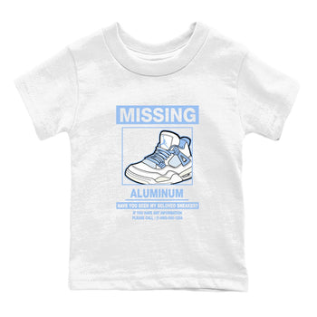 Missing Sneaker baby and kids t-shirt crafted for little sneakerheads to shine with the Air Jordan 4 Aluminum sneakers, displayed in White 2.