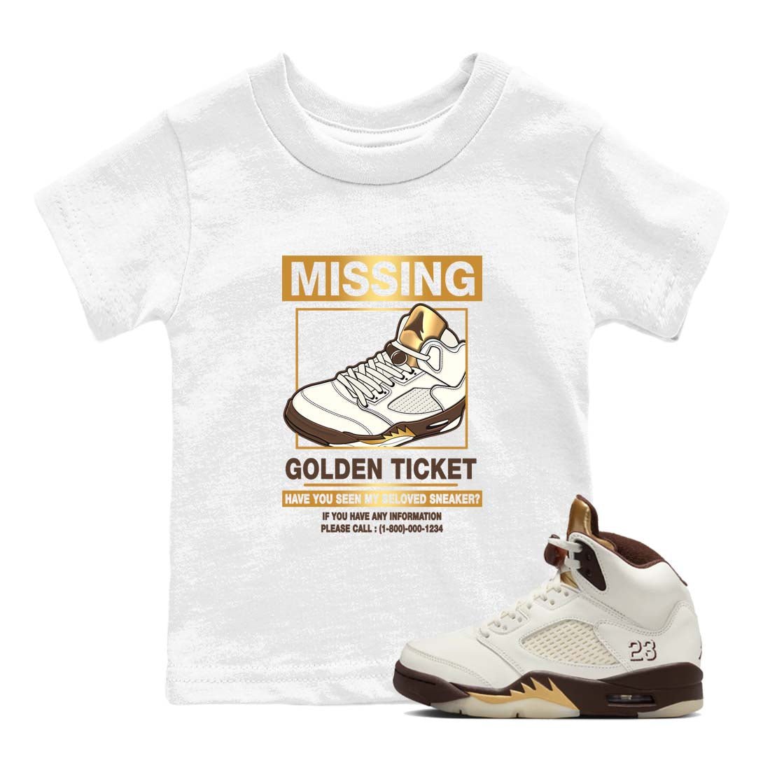 5s Golden Ticket shirts to match jordans  Missing Sneaker shirts to match jordans Air Jordan 5 Golden Ticket match shoes to clothes SNRT Sneaker Tees Youth Baby White 1 tee