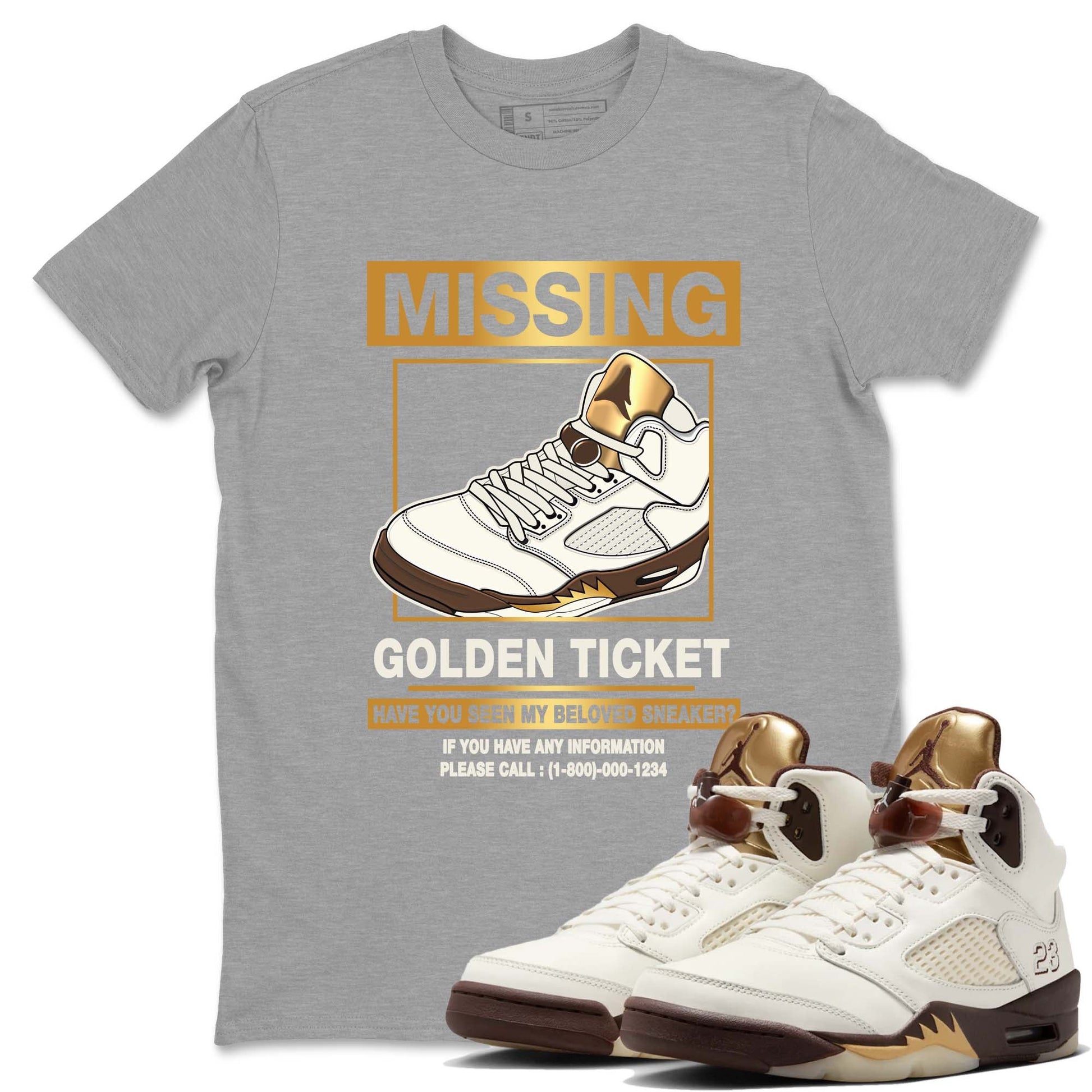 5s Golden Ticket shirts to match jordans  Missing Sneaker shirts to match jordans Air Jordan 5 Golden Ticket match shoes to clothes SNRT Sneaker Tees unisex cotton Heather Grey 1 shirts