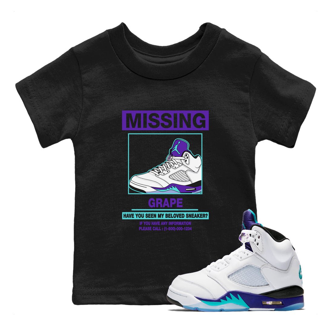Missing Sneaker baby and kids t-shirt crafted for little sneakerheads to shine with the Air Jordan 5 Grape sneakers, displayed in Black 1.