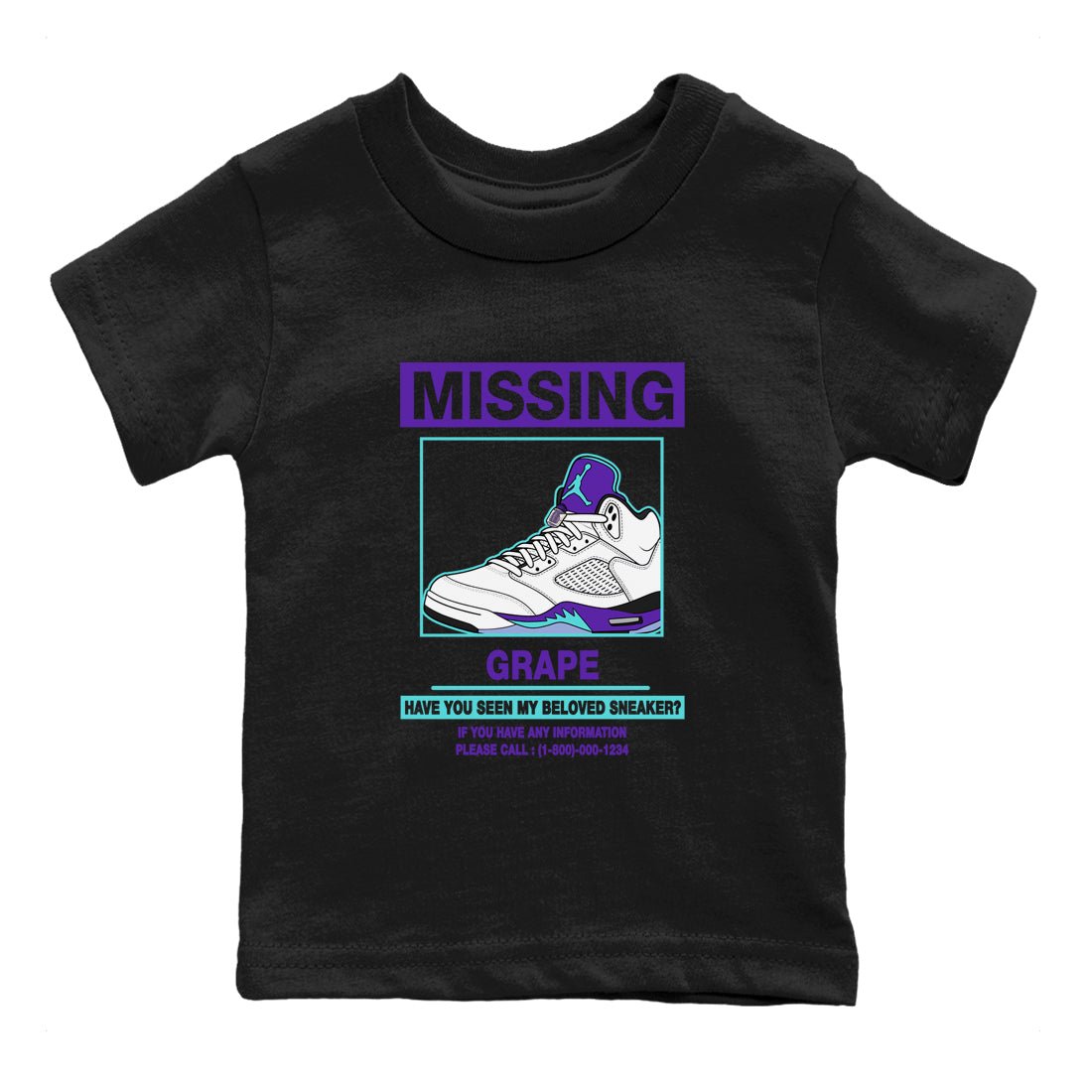 Missing Sneaker baby and kids t-shirt crafted for little sneakerheads to shine with the Air Jordan 5 Grape sneakers, displayed in Black 2.
