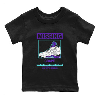 Missing Sneaker baby and kids t-shirt crafted for little sneakerheads to shine with the Air Jordan 5 Grape sneakers, displayed in Black 2.