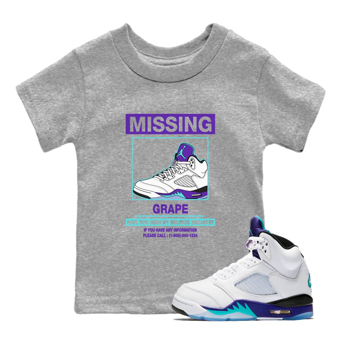Missing Sneaker baby and kids t-shirt crafted for little sneakerheads to shine with the Air Jordan 5 Grape sneakers, displayed in Heather Grey 1.