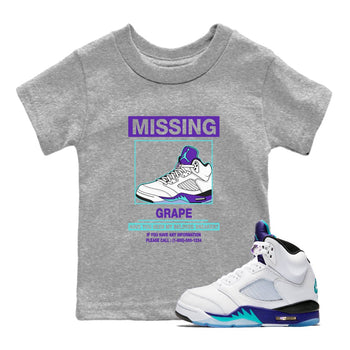 Missing Sneaker baby and kids t-shirt crafted for little sneakerheads to shine with the Air Jordan 5 Grape sneakers, displayed in Heather Grey 1.