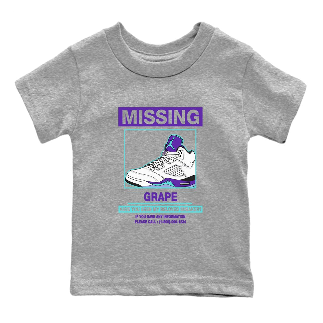Missing Sneaker baby and kids t-shirt crafted for little sneakerheads to shine with the Air Jordan 5 Grape sneakers, displayed in Heather Grey 2.
