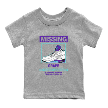 Missing Sneaker baby and kids t-shirt crafted for little sneakerheads to shine with the Air Jordan 5 Grape sneakers, displayed in Heather Grey 2.