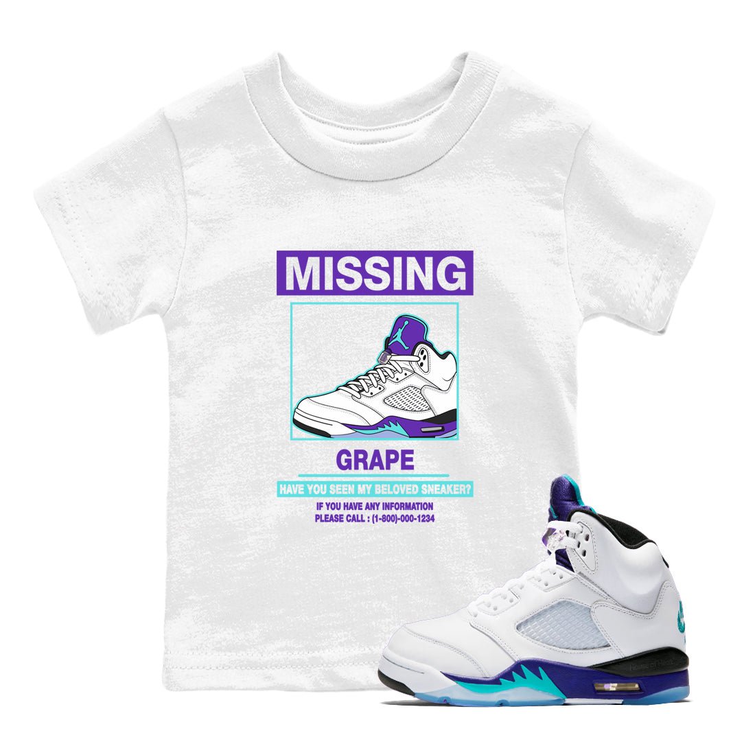 Missing Sneaker baby and kids t-shirt crafted for little sneakerheads to shine with the Air Jordan 5 Grape sneakers, displayed in White 1.
