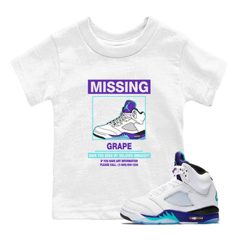 Missing Sneaker baby and kids t-shirt crafted for little sneakerheads to shine with the Air Jordan 5 Grape sneakers, displayed in White 1.