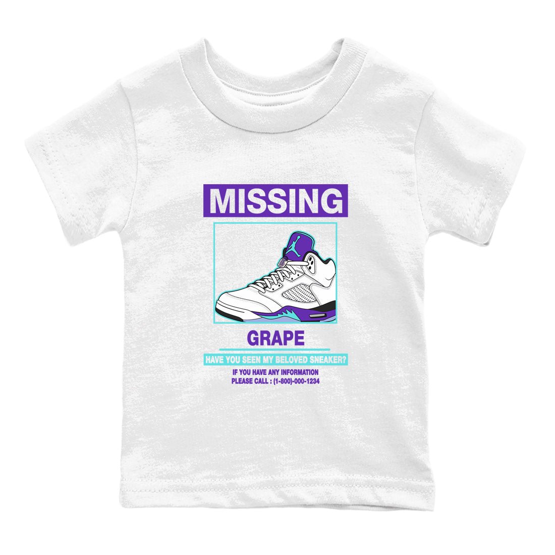 Missing Sneaker baby and kids t-shirt crafted for little sneakerheads to shine with the Air Jordan 5 Grape sneakers, displayed in White 2.