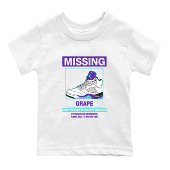 Missing Sneaker baby and kids t-shirt crafted for little sneakerheads to shine with the Air Jordan 5 Grape sneakers, displayed in White 2.