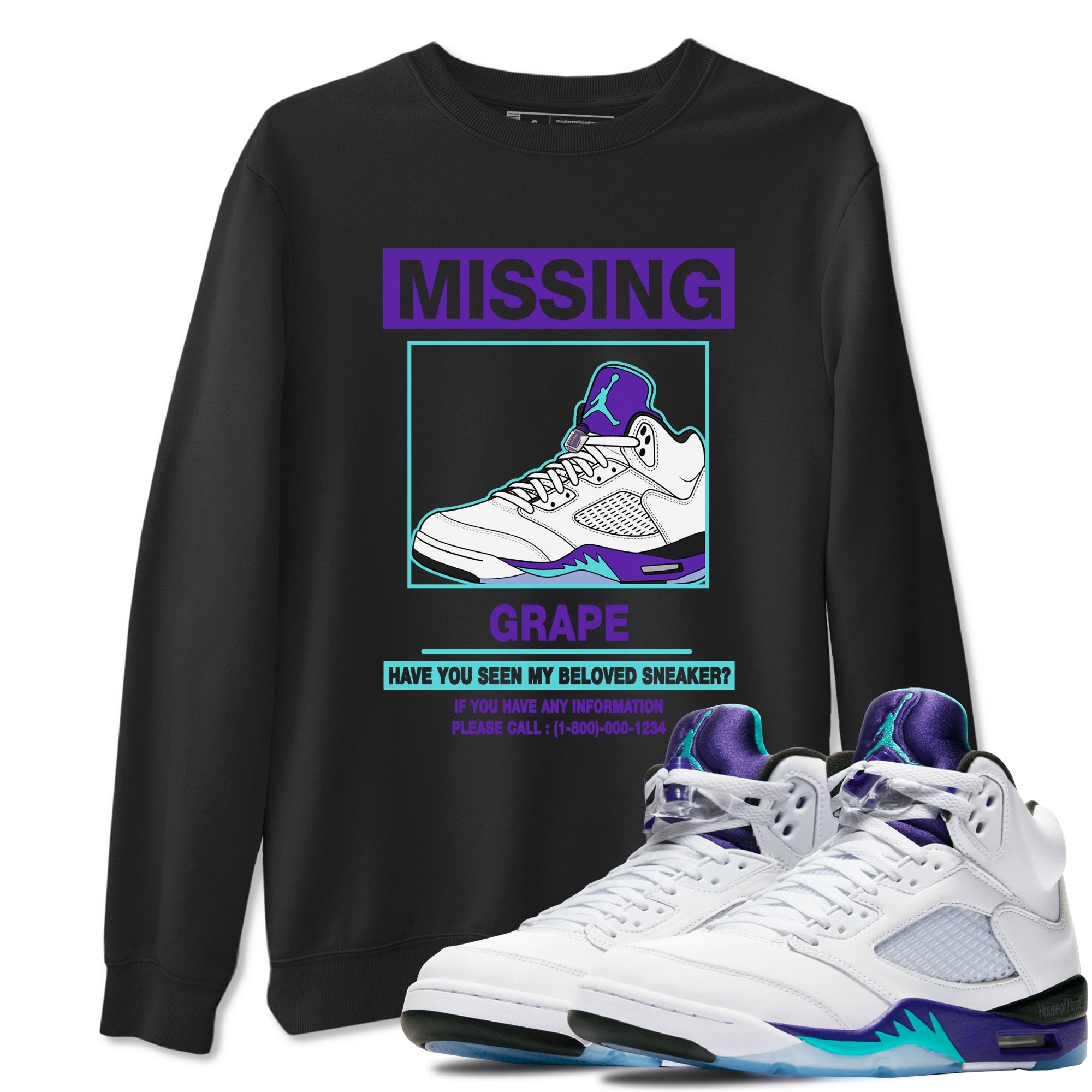 Missing Sneaker sneaker match t-shirt styled to complete your fit with the Air Jordan 5 Grape sneakers, shown in Black 1.