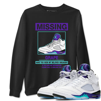 Missing Sneaker sneaker match t-shirt styled to complete your fit with the Air Jordan 5 Grape sneakers, shown in Black 1.