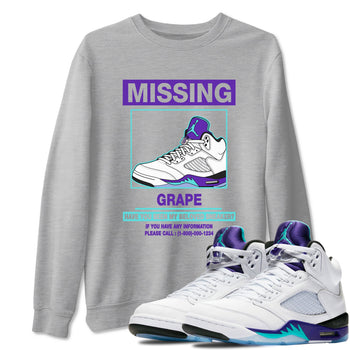 Missing Sneaker sneaker match t-shirt styled to complete your fit with the Air Jordan 5 Grape sneakers, shown in Heather Grey 1.