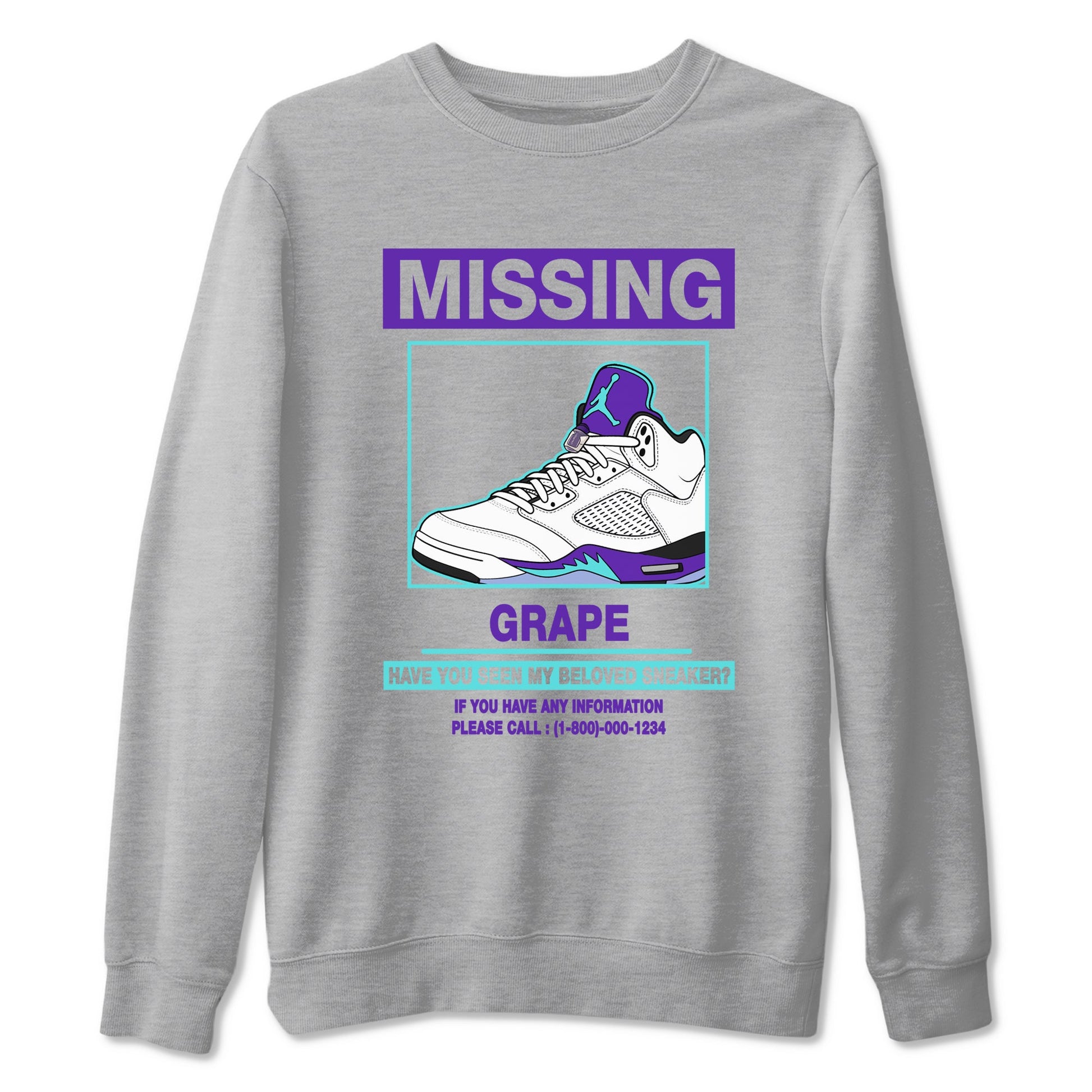 Missing Sneaker sneaker match t-shirt styled to complete your fit with the Air Jordan 5 Grape sneakers, shown in Heather Grey 2.