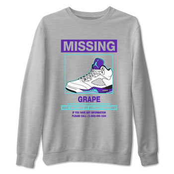 Missing Sneaker sneaker match t-shirt styled to complete your fit with the Air Jordan 5 Grape sneakers, shown in Heather Grey 2.