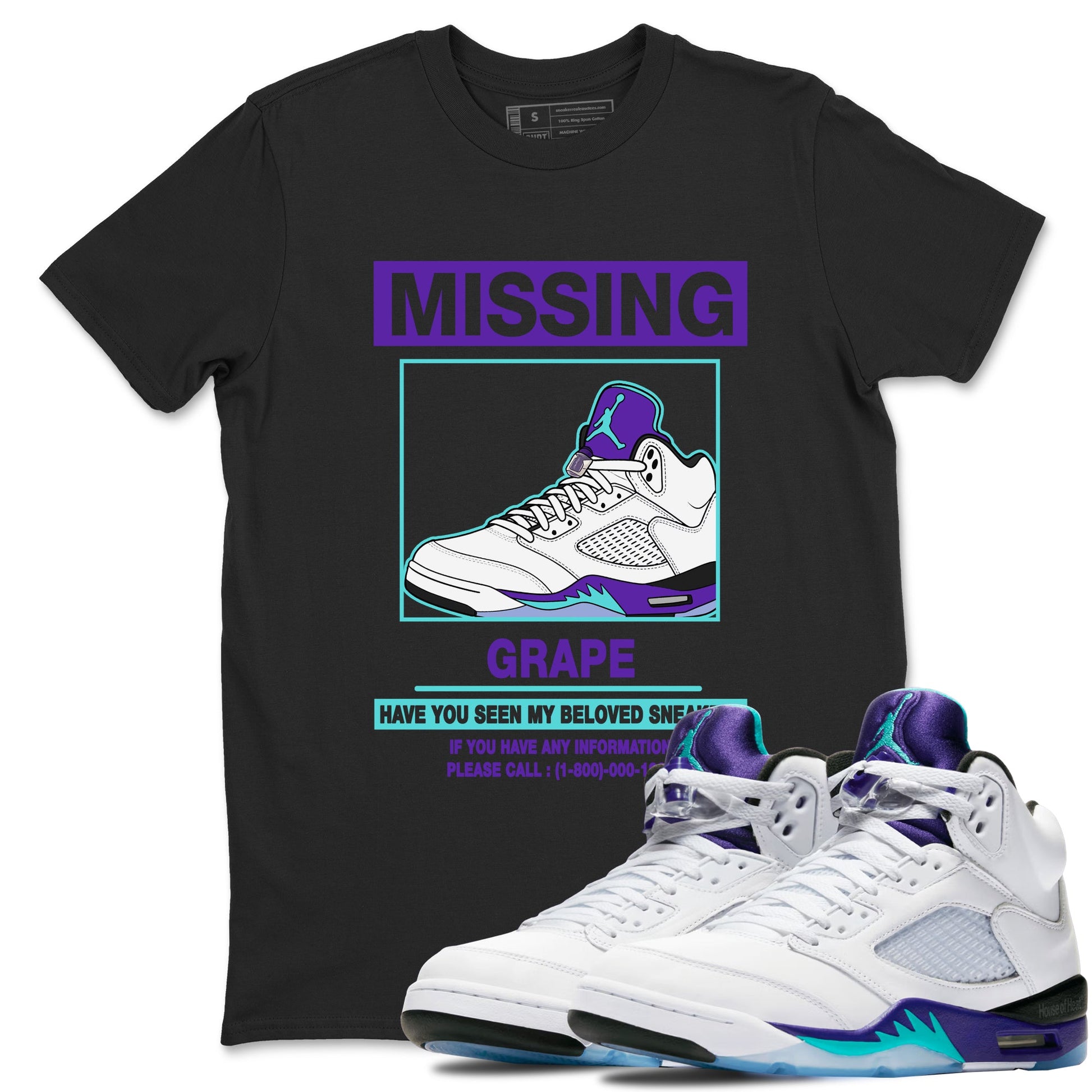 Missing Sneaker sneaker match t-shirt styled to complete your fit with the Air Jordan 5 Grape sneakers, shown in Black 1.