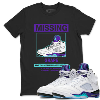 Missing Sneaker sneaker match t-shirt styled to complete your fit with the Air Jordan 5 Grape sneakers, shown in Black 1.