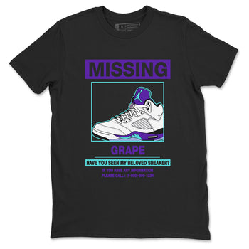 Missing Sneaker sneaker match t-shirt styled to complete your fit with the Air Jordan 5 Grape sneakers, shown in Black 2.