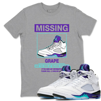 Missing Sneaker sneaker match t-shirt styled to complete your fit with the Air Jordan 5 Grape sneakers, shown in Heather Grey 1.